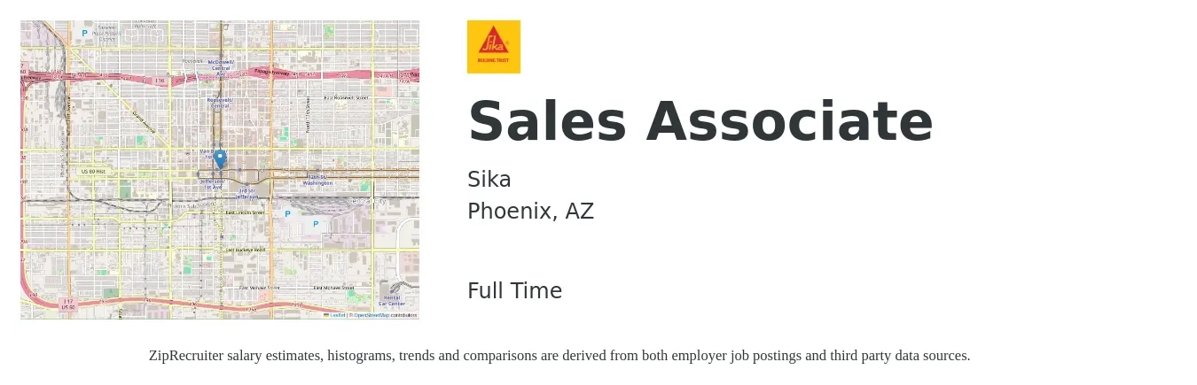 Sika job posting for a Sales Associate in Phoenix, AZ with a salary of $14 to $19 Hourly with a map of Phoenix location.
