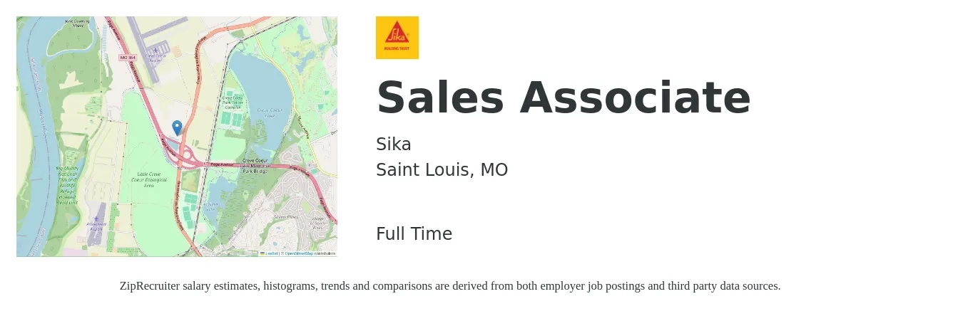 Sika job posting for a Sales Associate in Saint Louis, MO with a salary of $14 to $18 Hourly with a map of Saint Louis location.