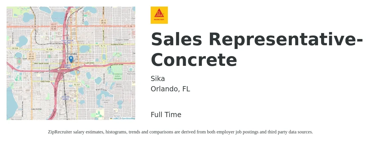 Sika job posting for a Sales Representative- Concrete in Orlando, FL with a salary of $49,900 to $86,800 Yearly with a map of Orlando location.