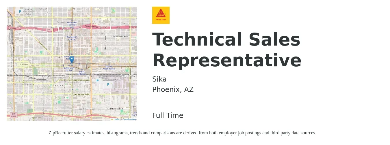 Sika job posting for a Technical Sales Representative in Phoenix, AZ with a salary of $62,600 to $89,900 Yearly with a map of Phoenix location.