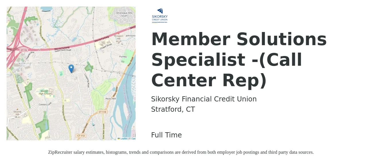 Sikorsky Financial Credit Union job posting for a Member Solutions Specialist -(Call Center Rep) in Stratford, CT with a salary of $17 to $21 Hourly with a map of Stratford location.