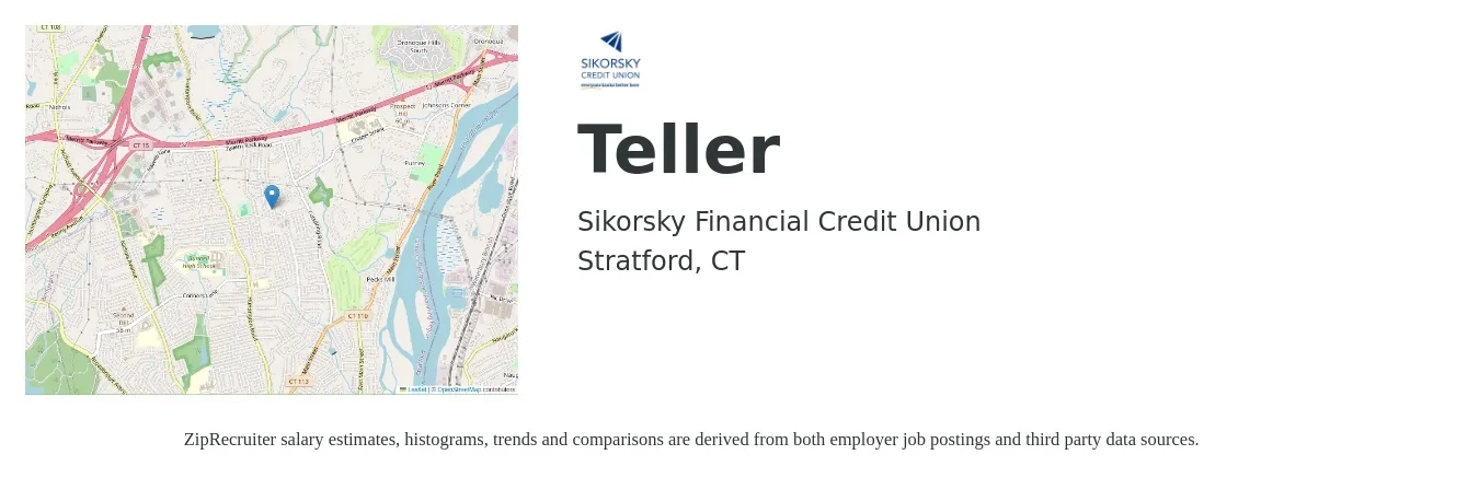 Sikorsky Financial Credit Union job posting for a Teller in Stratford, CT with a salary of $16 to $21 Hourly with a map of Stratford location.