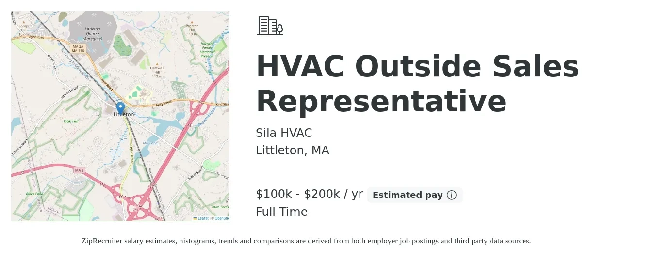 Sila HVAC job posting for a HVAC Outside Sales Representative in Littleton, MA with a salary of $100,000 to $200,000 Yearly with a map of Littleton location.