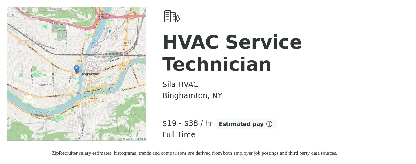 Sila HVAC job posting for a HVAC Service Technician in Binghamton, NY with a salary of $20 to $40 Hourly with a map of Binghamton location.