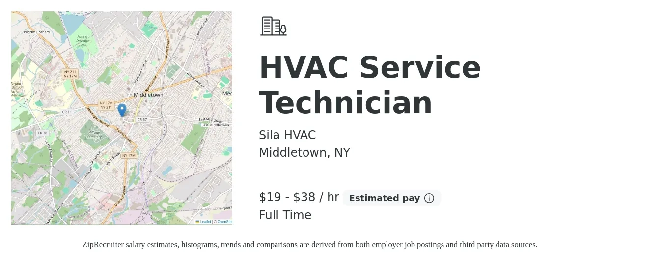 Sila HVAC job posting for a HVAC Service Technician in Middletown, NY with a salary of $20 to $40 Hourly with a map of Middletown location.