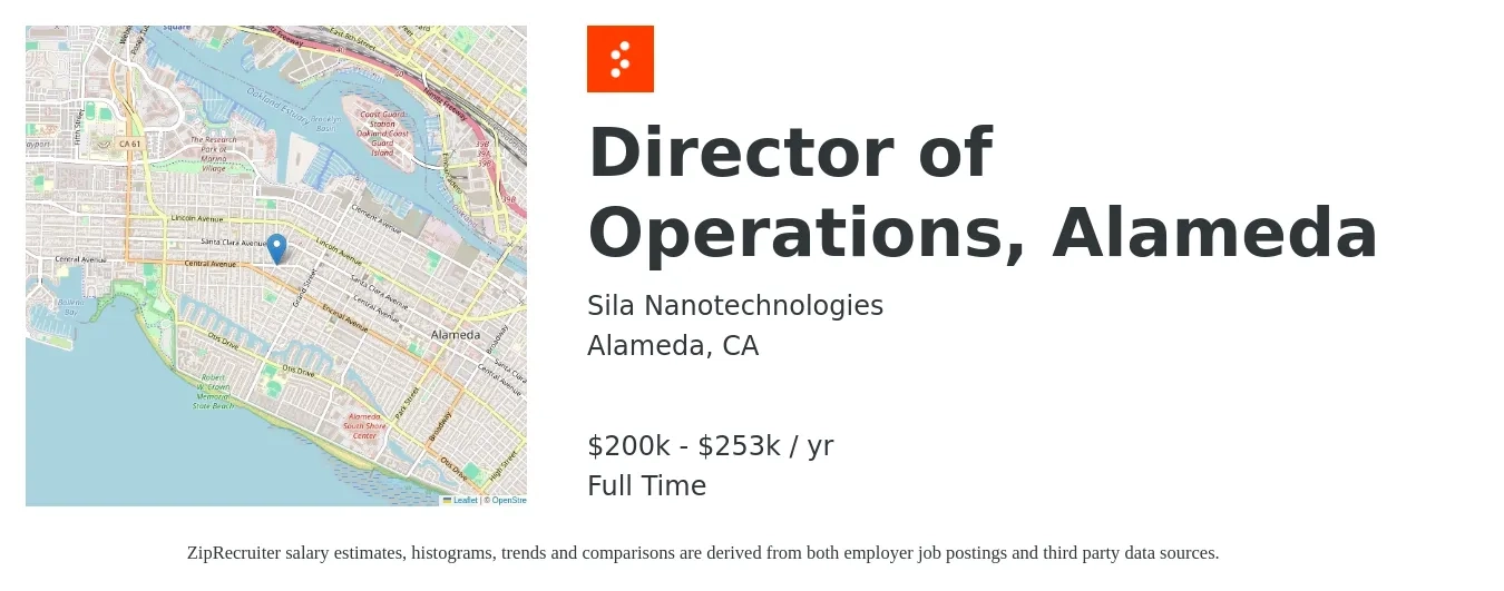 Sila Nanotechnologies job posting for a Director of Operations, Alameda in Alameda, CA with a salary of $200,000 to $253,000 Yearly with a map of Alameda location.