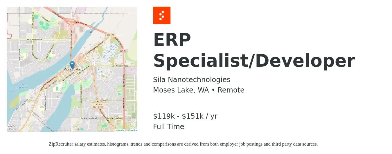 Sila Nanotechnologies job posting for a ERP Specialist/Developer in Moses Lake, WA with a salary of $119,000 to $151,000 Yearly with a map of Moses Lake location.
