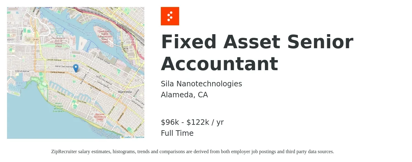 Sila Nanotechnologies job posting for a Fixed Asset Senior Accountant in Alameda, CA with a salary of $96,000 to $122,000 Yearly with a map of Alameda location.