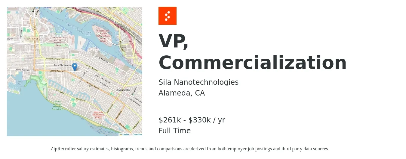 Sila Nanotechnologies job posting for a VP, Commercialization in Alameda, CA with a salary of $261,000 to $330,000 Yearly with a map of Alameda location.