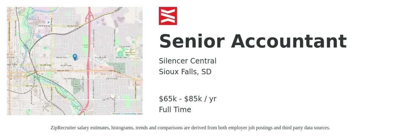 Silencer Central job posting for a Senior Accountant in Sioux Falls, SD with a salary of $65,000 to $85,000 Yearly with a map of Sioux Falls location.