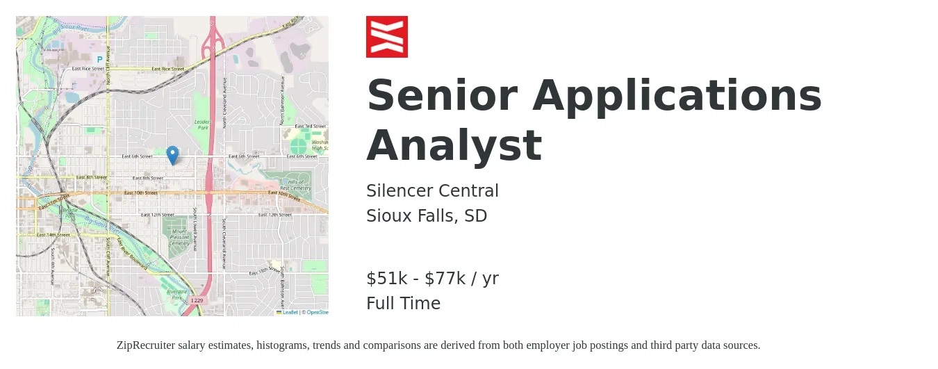 Silencer Central job posting for a Senior Applications Analyst in Sioux Falls, SD with a salary of $51,700 to $77,500 Yearly with a map of Sioux Falls location.
