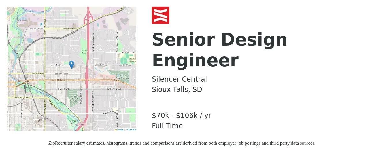 Silencer Central job posting for a Senior Design Engineer in Sioux Falls, SD with a salary of $70,874 to $106,310 Yearly with a map of Sioux Falls location.