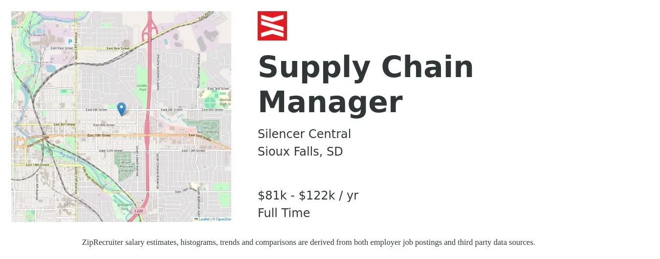 Silencer Central job posting for a Supply Chain Manager in Sioux Falls, SD with a salary of $81,952 to $122,982 Yearly with a map of Sioux Falls location.