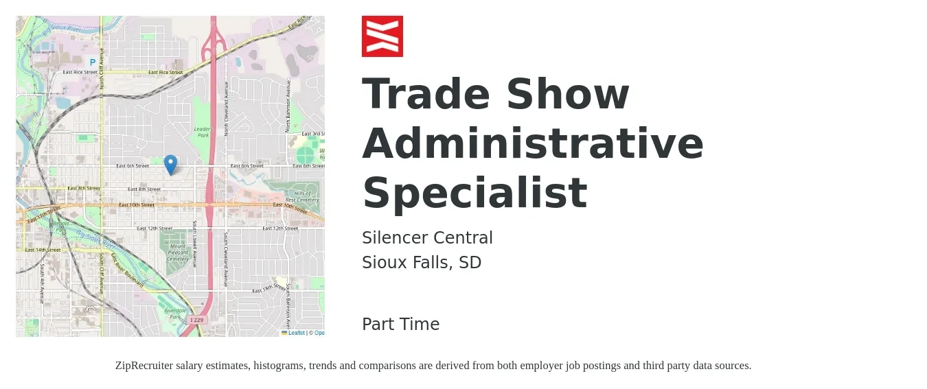 Silencer Central job posting for a Trade Show Administrative Specialist in Sioux Falls, SD with a salary of $39,300 to $71,100 Yearly with a map of Sioux Falls location.