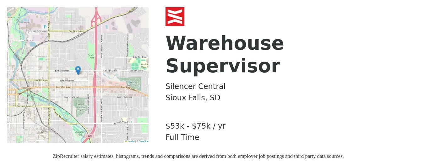 Silencer Central job posting for a Warehouse Supervisor in Sioux Falls, SD with a salary of $53,000 to $75,000 Yearly with a map of Sioux Falls location.