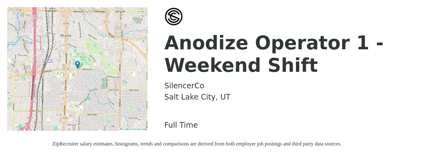 SilencerCo job posting for a Anodize Operator 1 - Weekend Shift in Salt Lake City, UT with a salary of $18 to $21 Hourly with a map of Salt Lake City location.