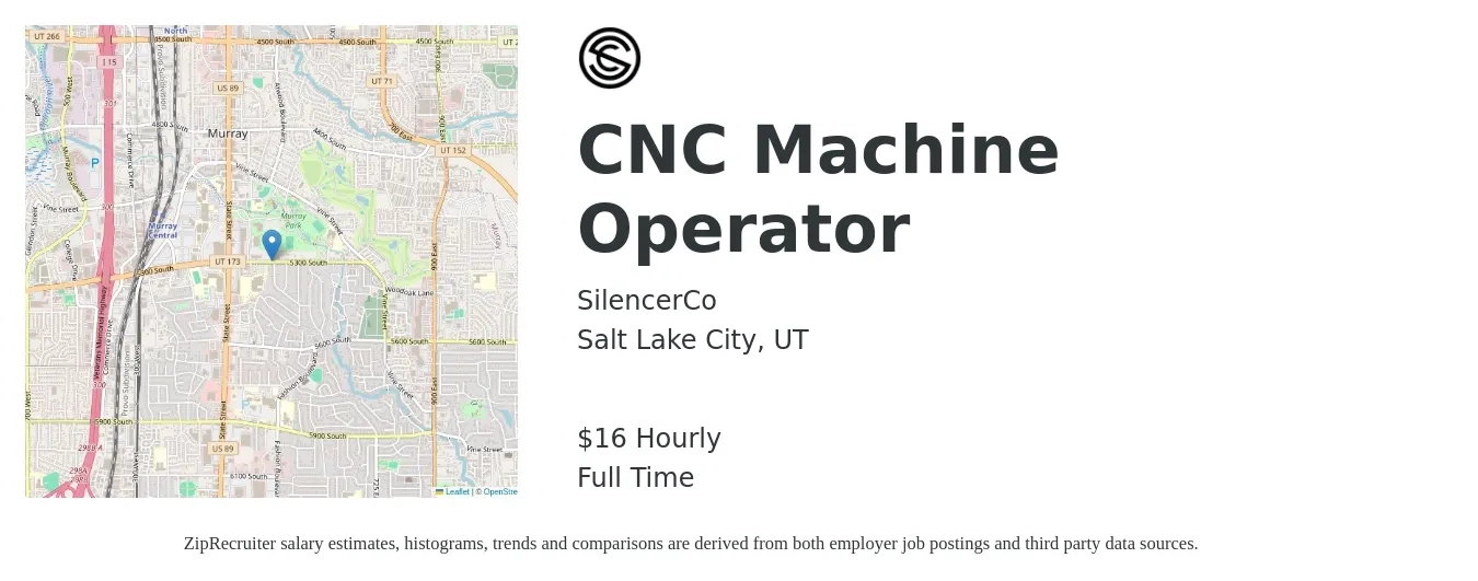 SilencerCo job posting for a CNC Machine Operator in Salt Lake City, UT with a salary of $17 Hourly with a map of Salt Lake City location.