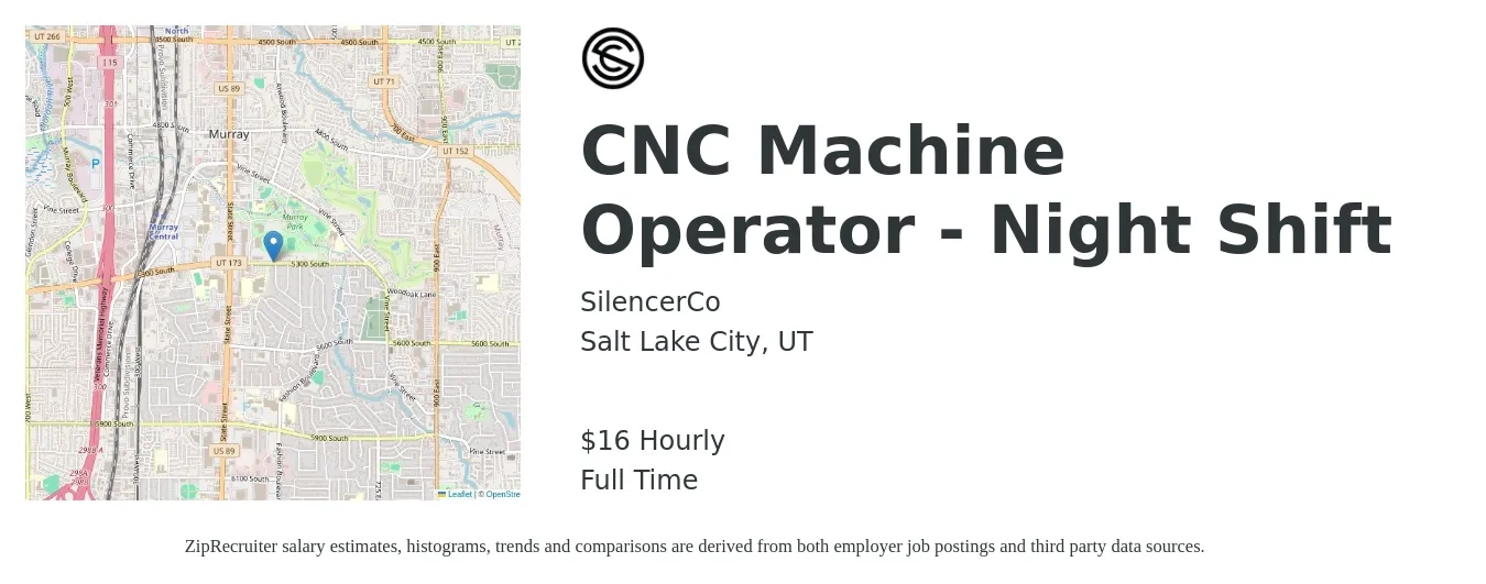 SilencerCo job posting for a CNC Machine Operator - Night Shift in Salt Lake City, UT with a salary of $17 Hourly with a map of Salt Lake City location.