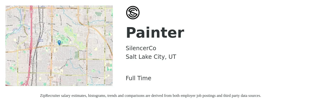 SilencerCo job posting for a Painter in Salt Lake City, UT with a salary of $18 to $24 Hourly with a map of Salt Lake City location.