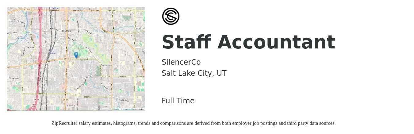 SilencerCo job posting for a Staff Accountant in Salt Lake City, UT with a salary of $53,100 to $70,000 Yearly with a map of Salt Lake City location.