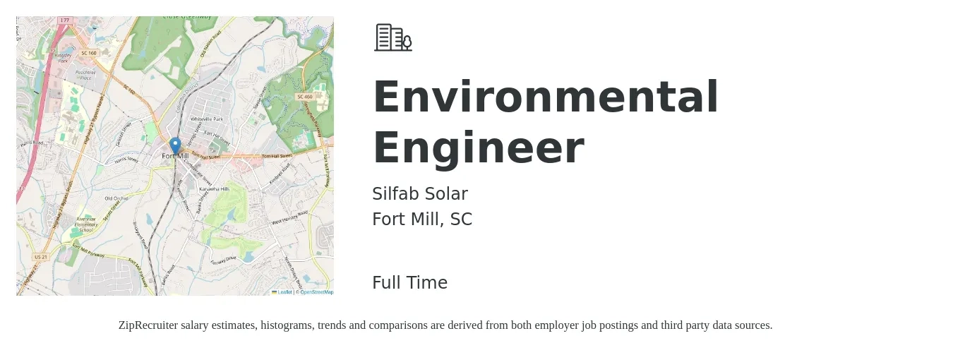 Silfab Solar job posting for a Environmental Engineer in Fort Mill, SC with a salary of $64,600 to $95,300 Yearly with a map of Fort Mill location.