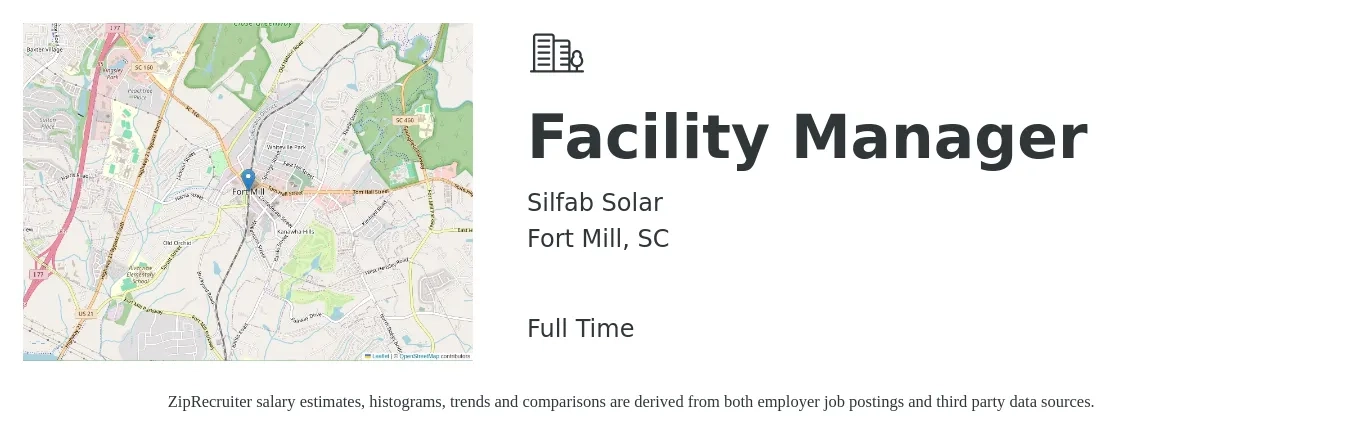 Silfab Solar job posting for a Facility Manager in Fort Mill, SC with a salary of $43,900 to $74,300 Yearly with a map of Fort Mill location.