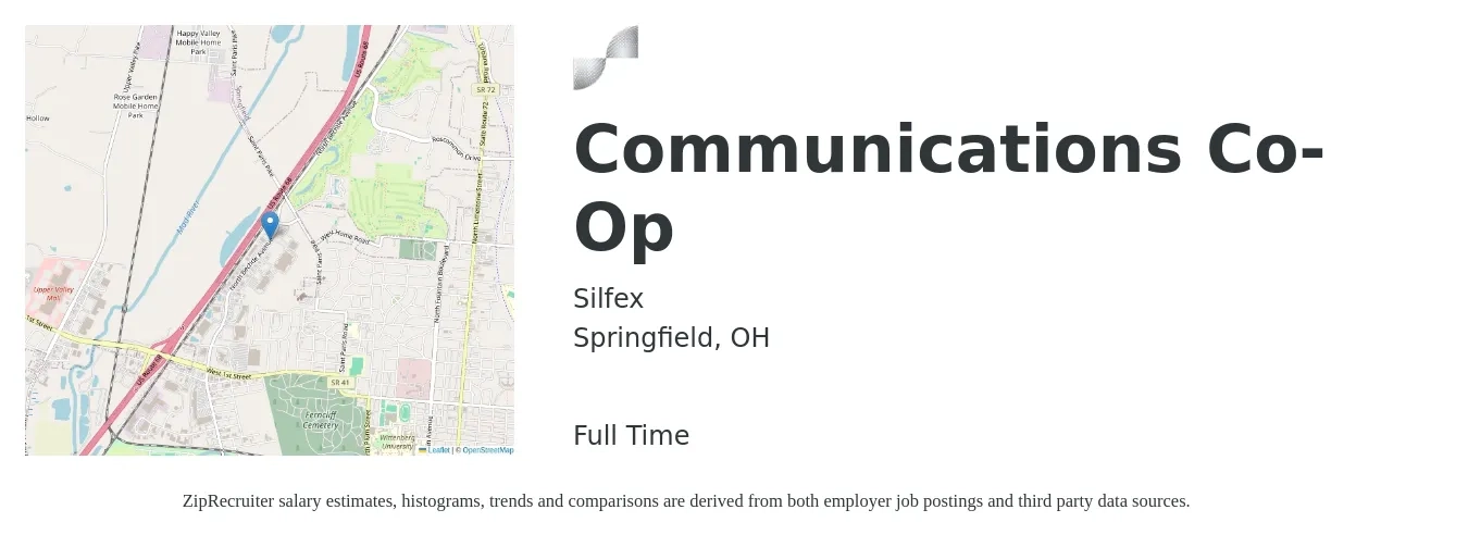 Silfex job posting for a Communications Co-Op in Springfield, OH with a salary of $50,500 to $67,000 Yearly with a map of Springfield location.