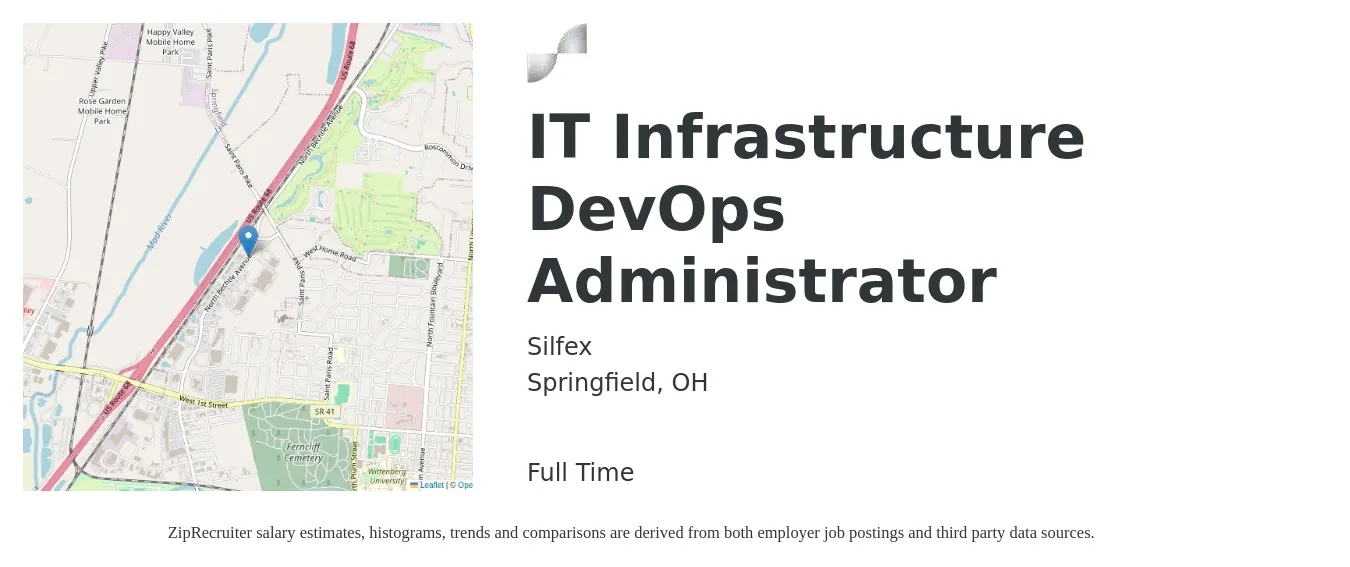 Silfex job posting for a IT Infrastructure DevOps Administrator in Springfield, OH with a salary of $66,000 to $95,300 Yearly with a map of Springfield location.