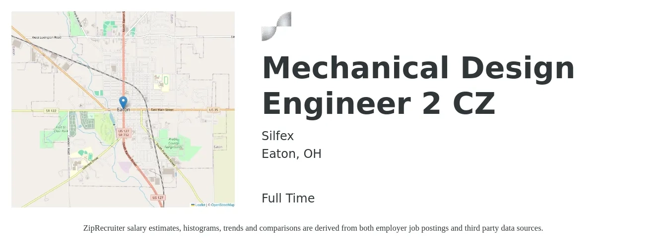 Silfex job posting for a Mechanical Design Engineer 2 CZ in Eaton, OH with a salary of $64,900 to $87,900 Yearly with a map of Eaton location.