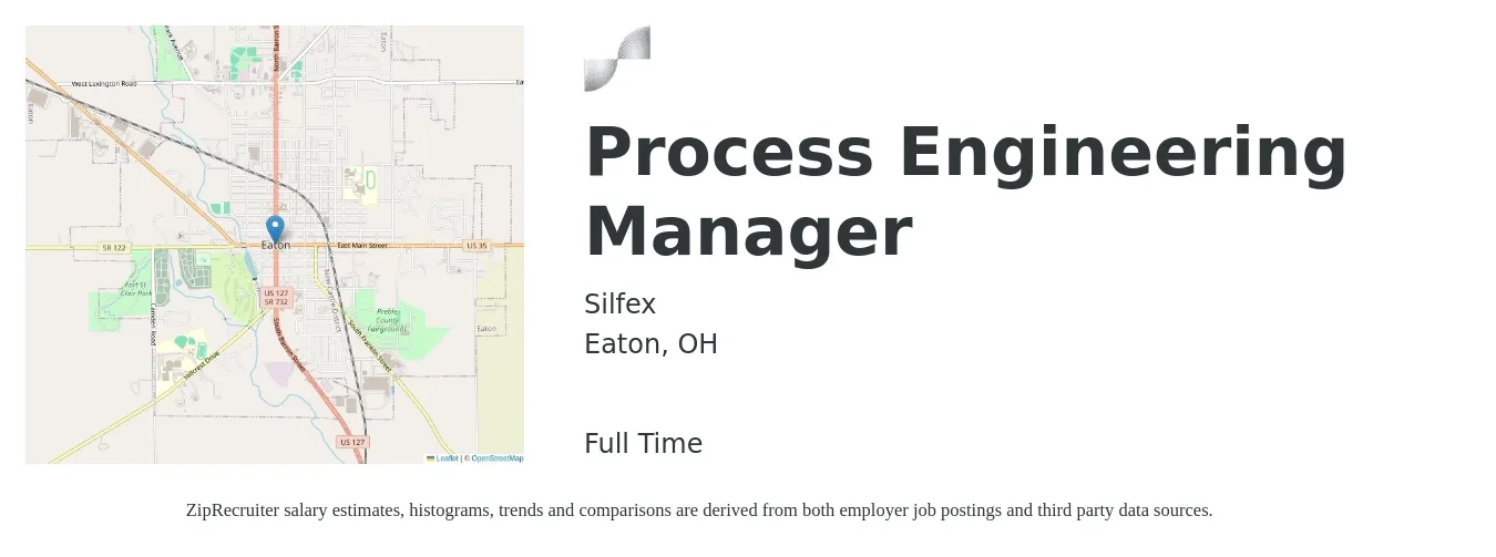 Silfex job posting for a Process Engineering Manager in Eaton, OH with a salary of $82,400 to $123,800 Yearly with a map of Eaton location.