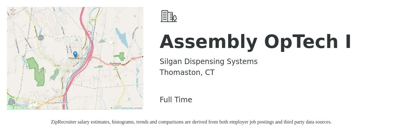 Silgan Dispensing Systems job posting for a Assembly OpTech I in Thomaston, CT with a salary of $18 to $22 Hourly with a map of Thomaston location.