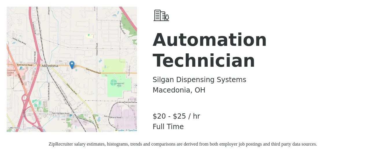 Silgan Dispensing Systems job posting for a Automation Technician in Macedonia, OH with a salary of $21 to $27 Hourly with a map of Macedonia location.