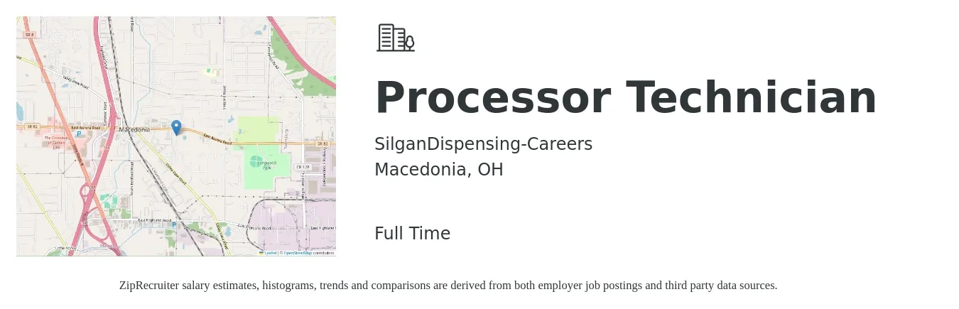 SilganDispensing-Careers job posting for a Processor Technician in Macedonia, OH with a salary of $19 to $25 Hourly with a map of Macedonia location.