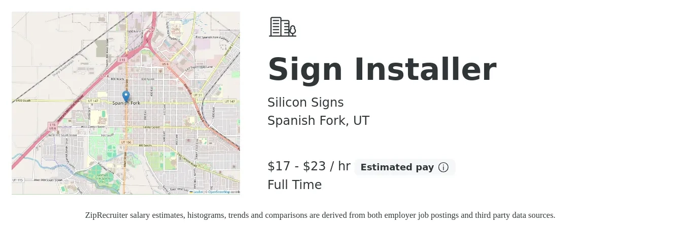 Silicon Signs job posting for a Sign Installer in Spanish Fork, UT with a salary of $18 to $24 Hourly with a map of Spanish Fork location.