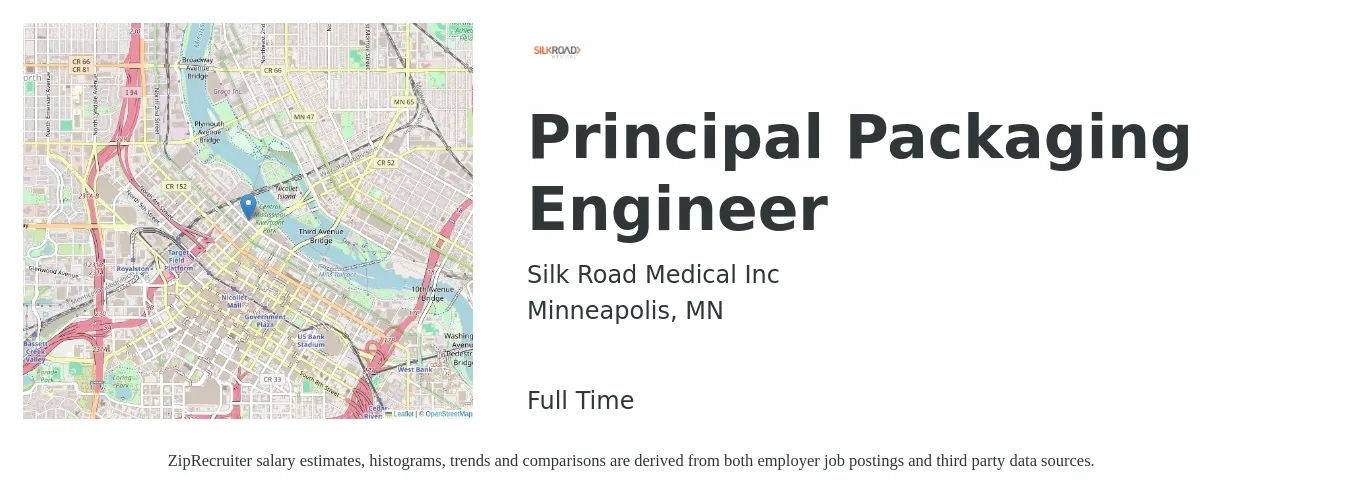 Silk Road Medical Inc job posting for a Principal Packaging Engineer in Minneapolis, MN with a salary of $123,700 to $180,600 Yearly with a map of Minneapolis location.