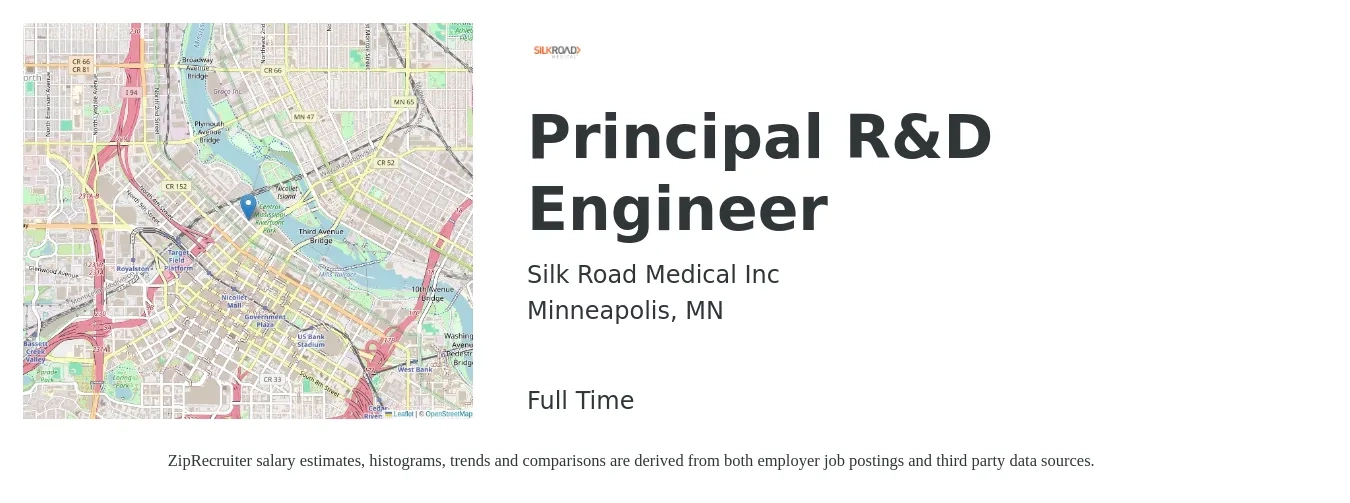 Silk Road Medical Inc job posting for a Principal R&D Engineer in Minneapolis, MN with a salary of $123,700 to $180,600 Yearly with a map of Minneapolis location.