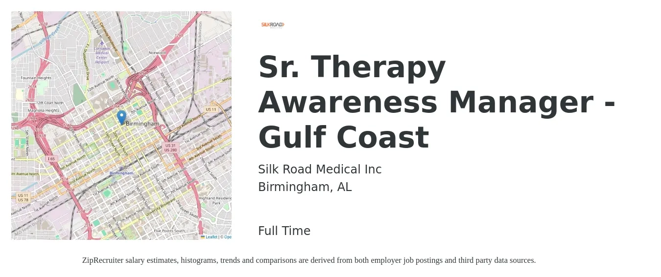Silk Road Medical Inc job posting for a Sr. Therapy Awareness Manager - Gulf Coast in Birmingham, AL with a salary of $38,900 to $96,500 Yearly with a map of Birmingham location.