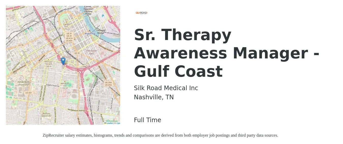 Silk Road Medical Inc job posting for a Sr. Therapy Awareness Manager - Gulf Coast in Nashville, TN with a salary of $40,100 to $99,600 Yearly with a map of Nashville location.