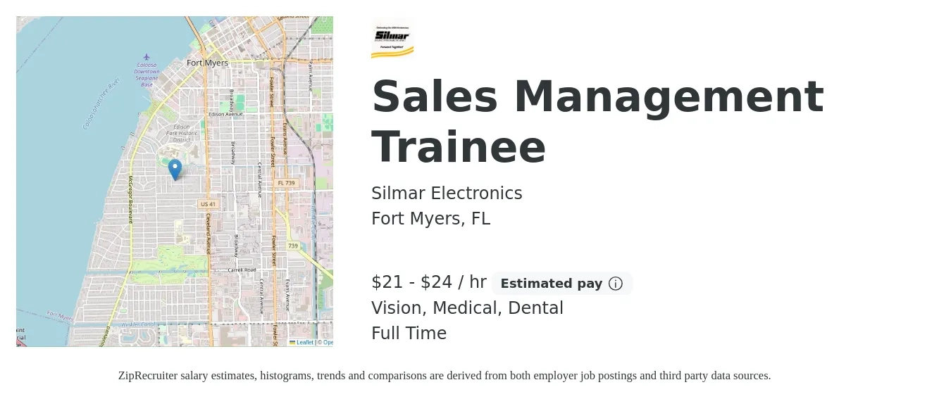 Silmar Electronics job posting for a Sales Management Trainee in Fort Myers, FL with a salary of $22 to $25 Hourly and benefits including dental, life_insurance, medical, retirement, and vision with a map of Fort Myers location.