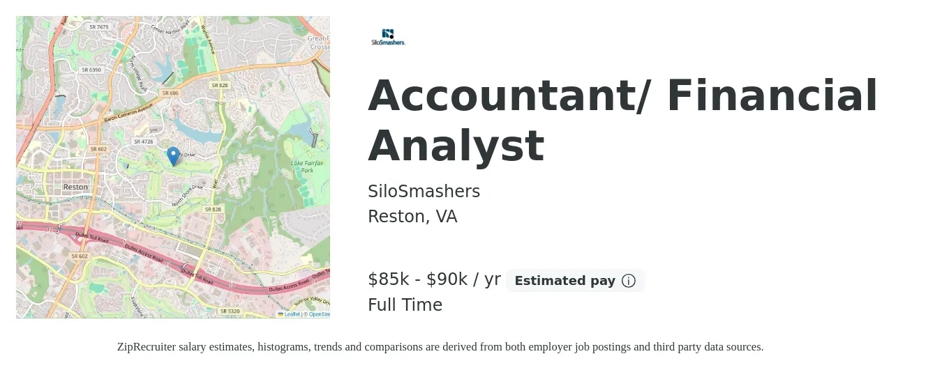 SiloSmashers job posting for a Accountant/ Financial Analyst in Reston, VA with a salary of $85,000 to $90,000 Yearly with a map of Reston location.