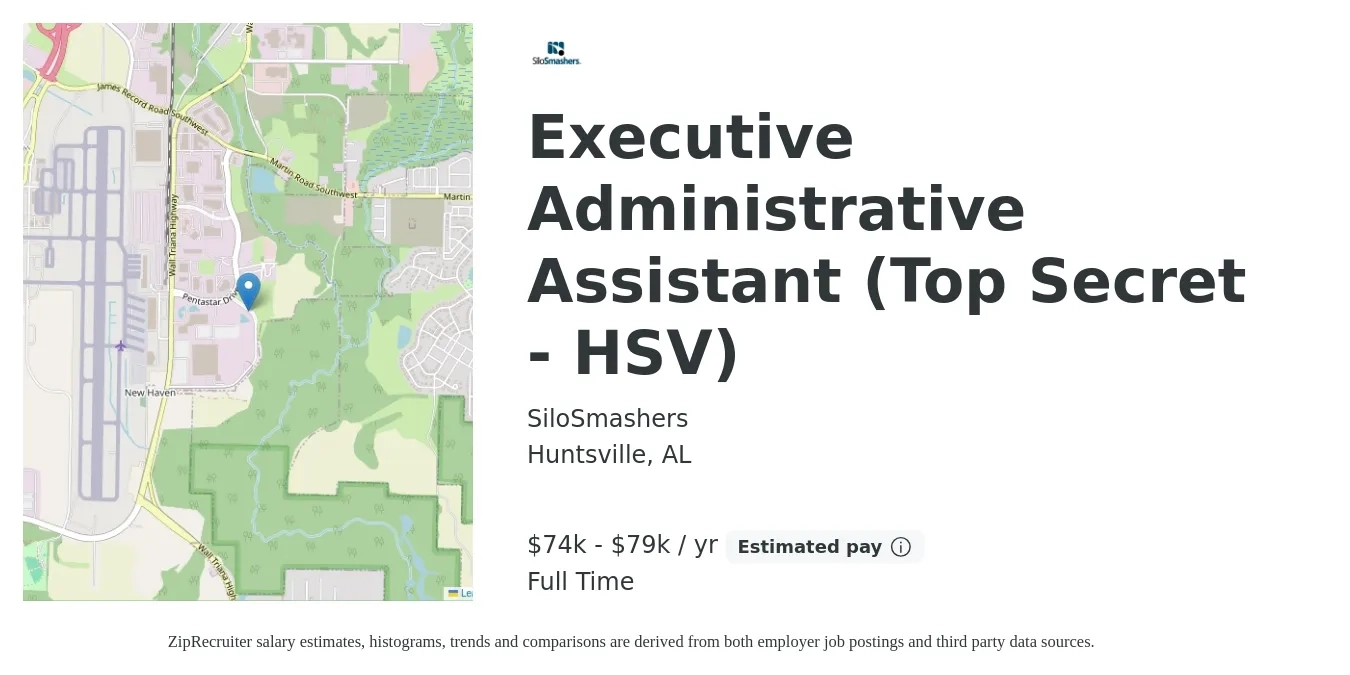 SiloSmashers job posting for a Executive Administrative Assistant (Top Secret - HSV) in Huntsville, AL with a salary of $24 to $38 Hourly with a map of Huntsville location.