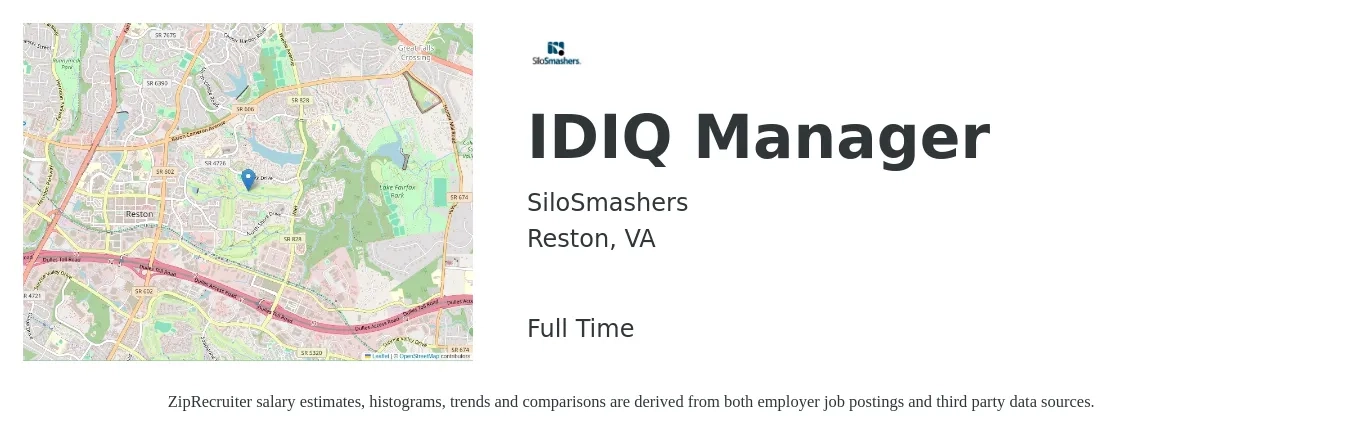 SiloSmashers job posting for a IDIQ Manager in Reston, VA with a salary of $61,800 to $113,600 Yearly with a map of Reston location.