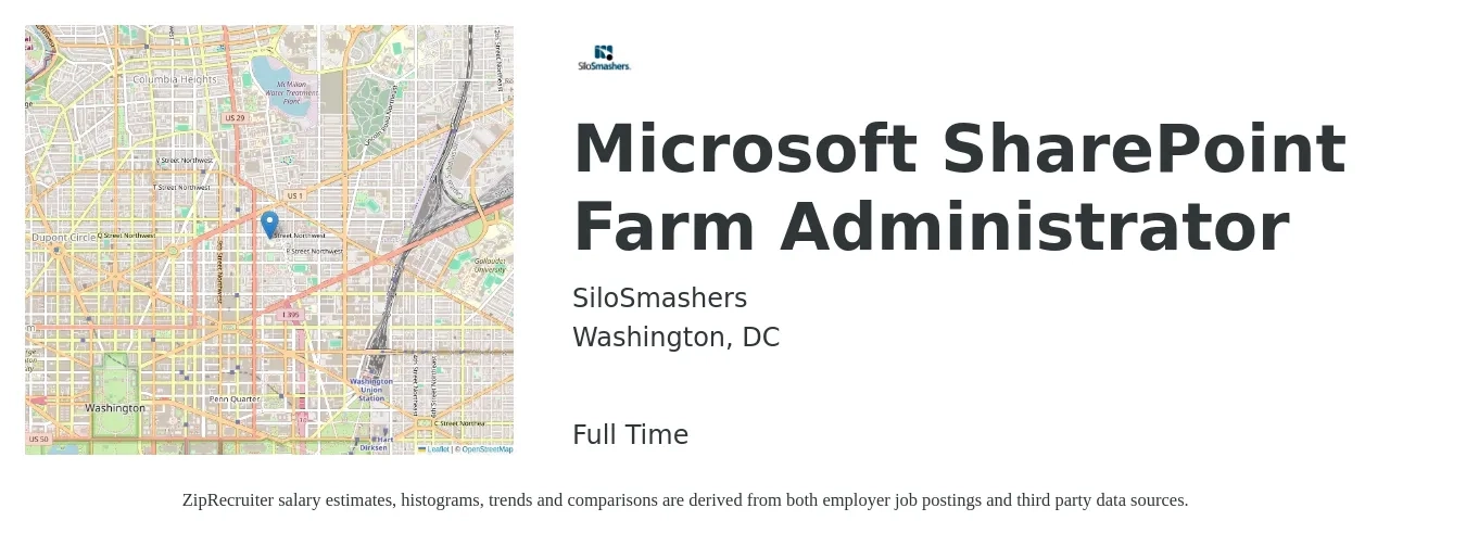 SiloSmashers job posting for a Microsoft SharePoint Farm Administrator in Washington, DC with a salary of $46 to $68 Hourly with a map of Washington location.