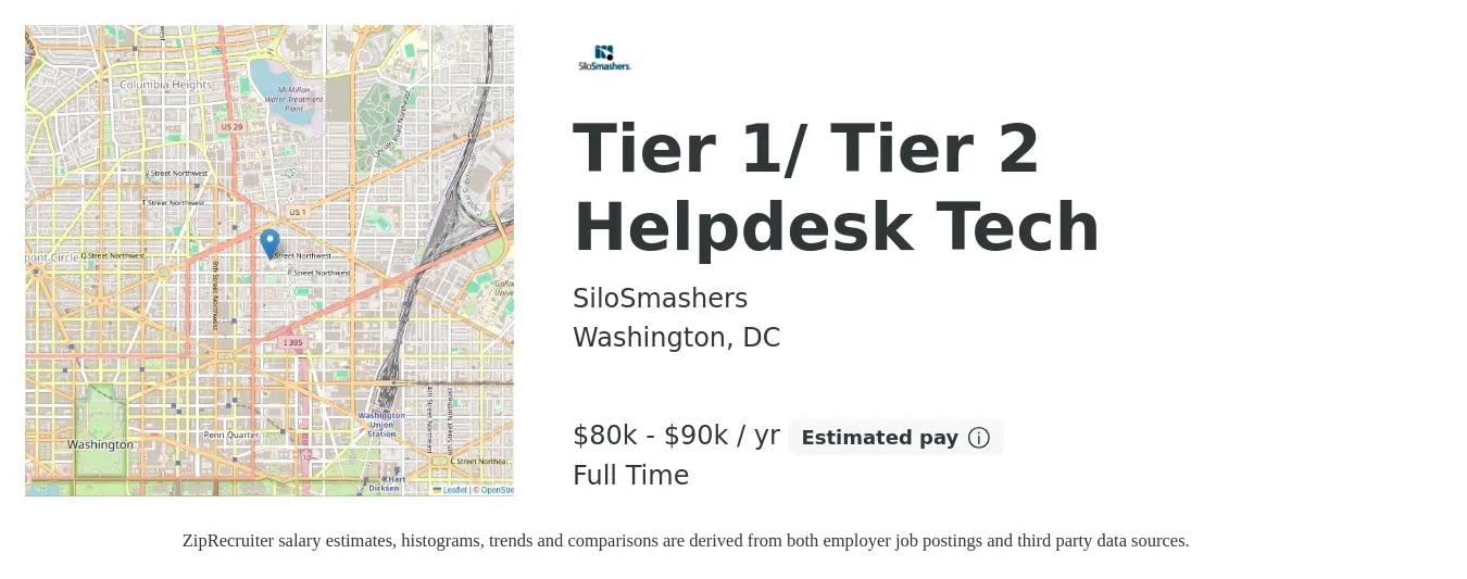 SiloSmashers job posting for a Tier 1/ Tier 2 Helpdesk Tech in Washington, DC with a salary of $23 to $30 Hourly with a map of Washington location.