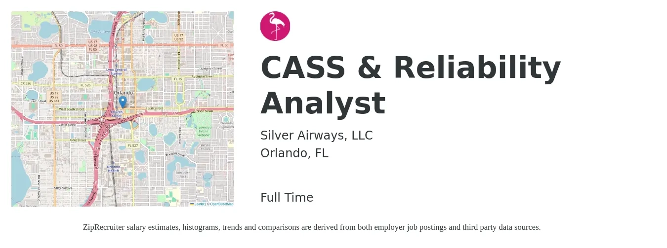 Silver Airways, LLC job posting for a CASS & Reliability Analyst in Orlando, FL with a salary of $22 to $34 Hourly with a map of Orlando location.