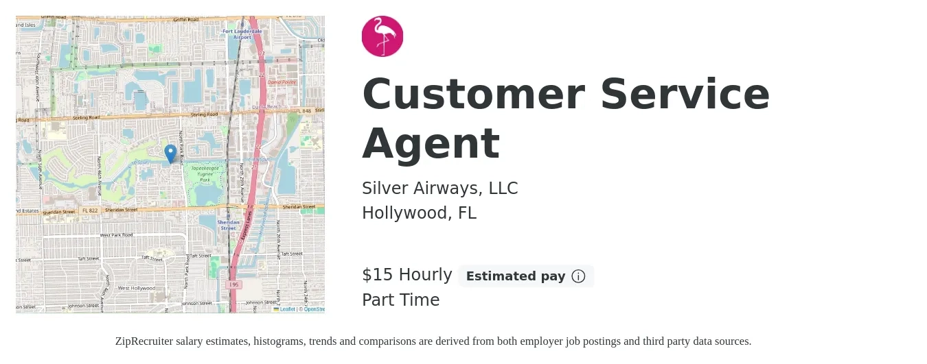 Silver Airways, LLC job posting for a Customer Service Agent in Hollywood, FL with a salary of $16 Yearly with a map of Hollywood location.