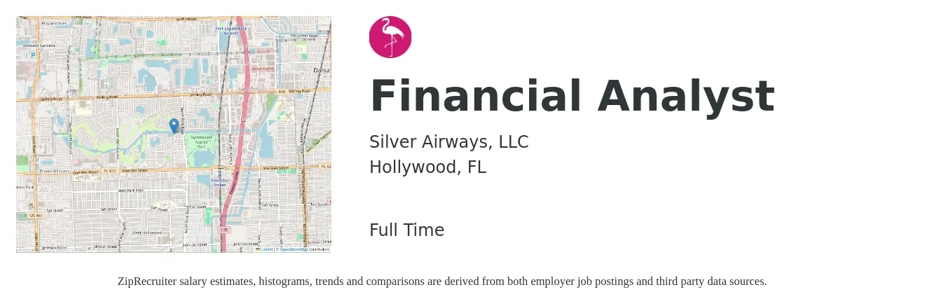 Silver Airways, LLC job posting for a Financial Analyst in Hollywood, FL with a salary of $64,100 to $101,200 Yearly with a map of Hollywood location.