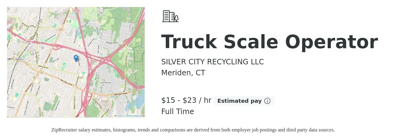 SILVER CITY RECYCLING LLC job posting for a Truck Scale Operator in Meriden, CT with a salary of $16 to $24 Hourly with a map of Meriden location.