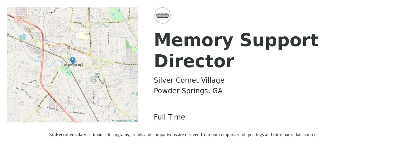 Silver Comet Village job posting for a Memory Support Director in Powder Springs, GA with a salary of $49,200 to $75,800 Yearly with a map of Powder Springs location.