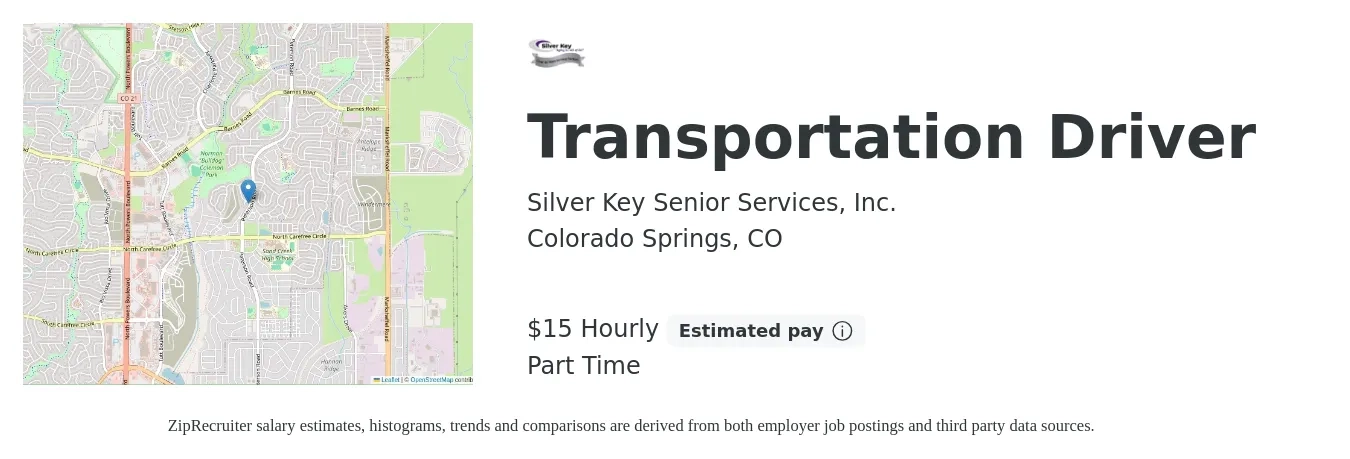 Silver Key Senior Services, Inc. job posting for a Transportation Driver in Colorado Springs, CO with a salary of $16 to $16 Hourly with a map of Colorado Springs location.